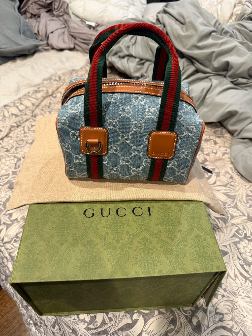 Gucci Light Blue Denim Mini Satchel with Red-Green Web